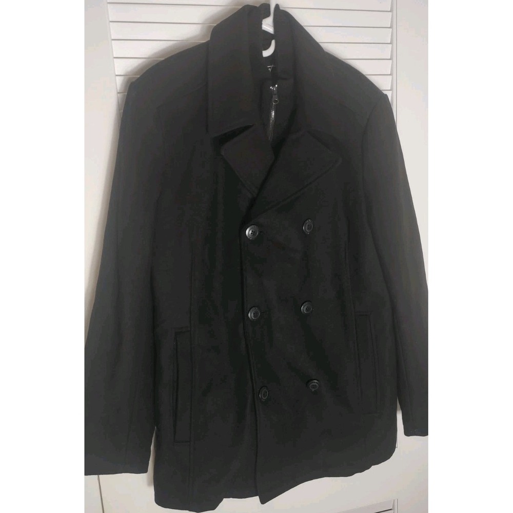 Black Rivet Black Wool Blend Removable Ribbed‎ Knit Layer Pea Coat Size Small L